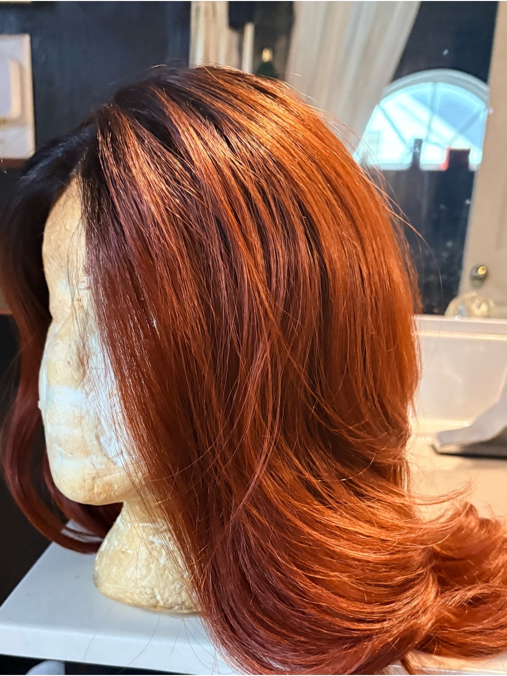 Copper Red Synthetic Wig with Dark Root for Women